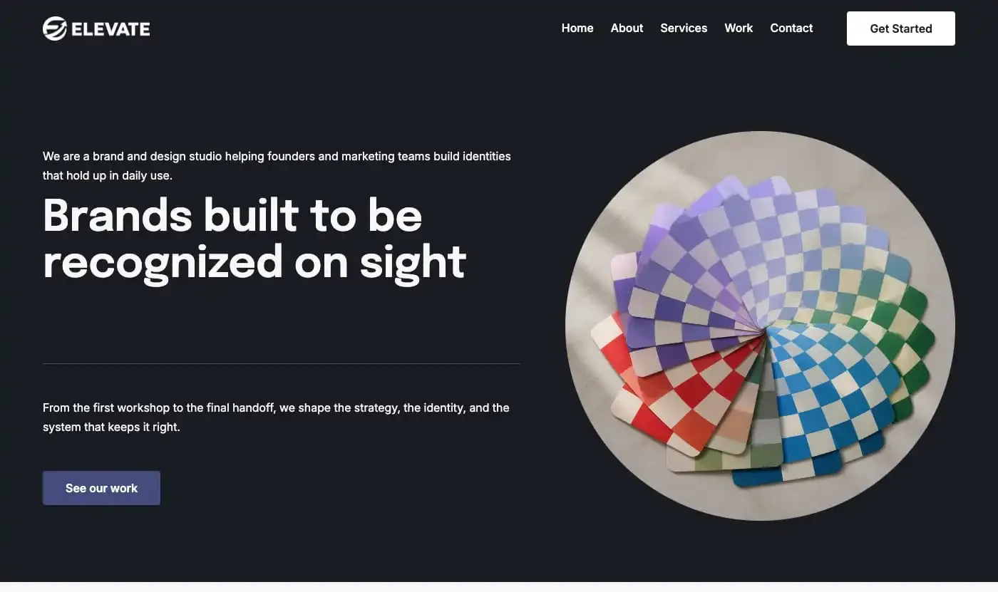 The Agency 2 starter site home page: a dark hero reading “Brands built to be recognized on sight”, a studio overview and recent work